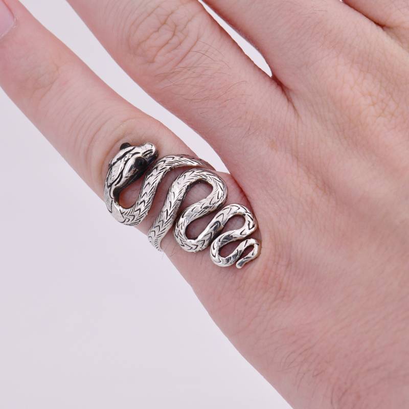 Gr. 61+ | Offen - Vintage Handarbeit Silber 925 Halbfinger/Ganzfinger Schlangen Ring Unisex Mit Schwarzen Onyx Augen Aus Den "80Ern von vintagejuwelier