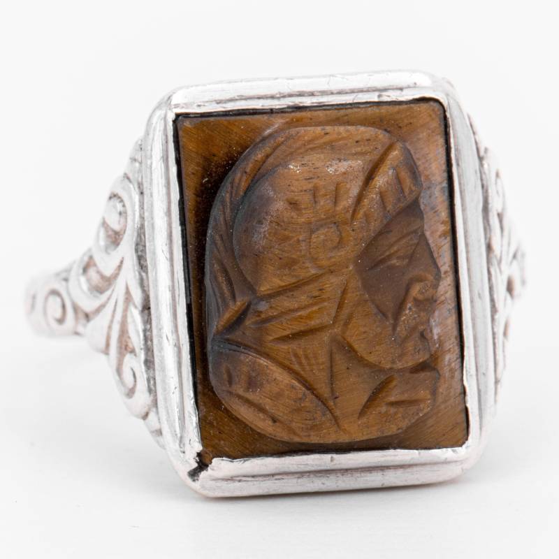 Gr. 65 - Antiker Art Déco Tigerauge Kamee | Cameo "Conquistador' | Soldat Silber 835 Ring Um 1930 von vintagejuwelier