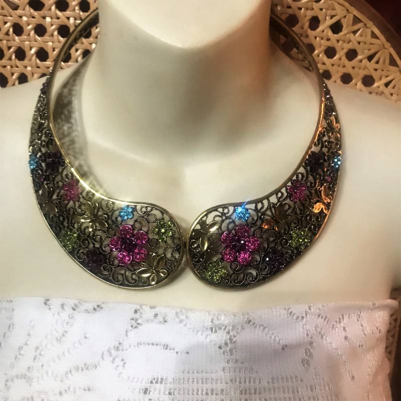 Multi Farbige Strass Designer Opc Cn Klemmkragen Halskette Signiert von vintagenecklaces715