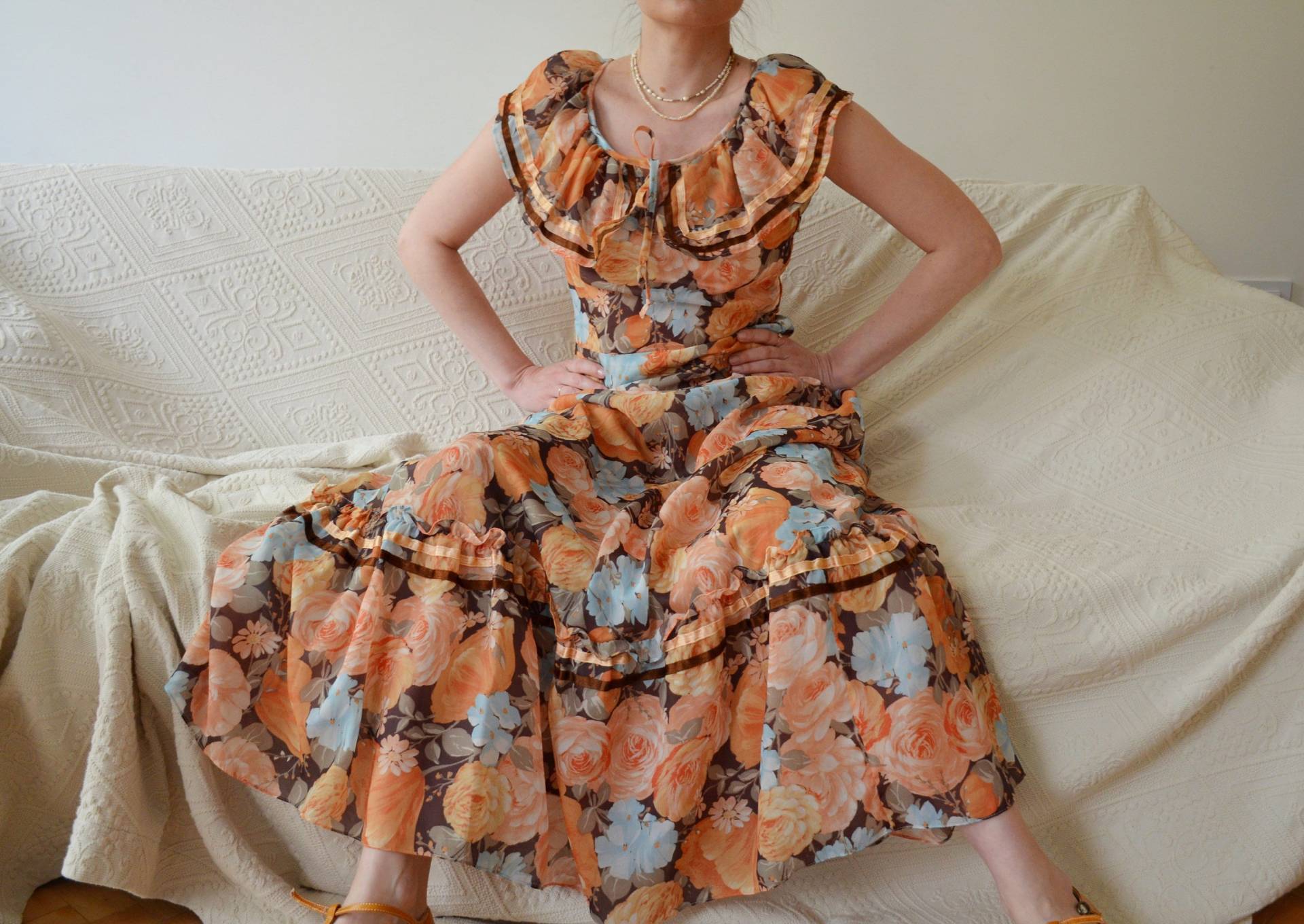 Vintage 70Er Boho Kleid, Floral Print Maxi Orange Braun Blau Sommerkleid, Hippie Prairie Made in West Germany von vintagepavillon