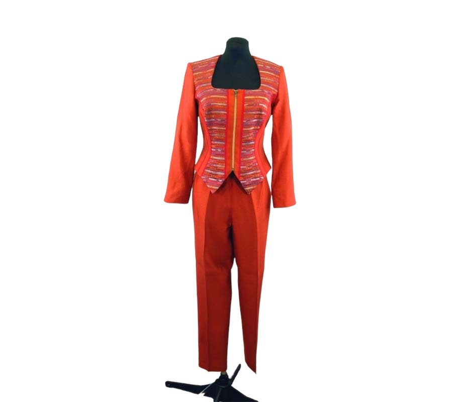 1990Er Hosenanzug Orange Korsett Front Zip Linda Segal Gr. 8 M von vintagerunway