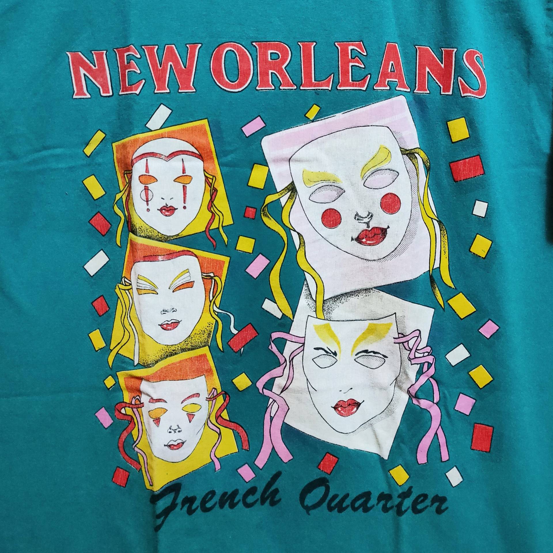 Vintage 80Er Jahre New Orleans French Quarter Karneval Masken T-Shirt in Grün von vintageteesonline