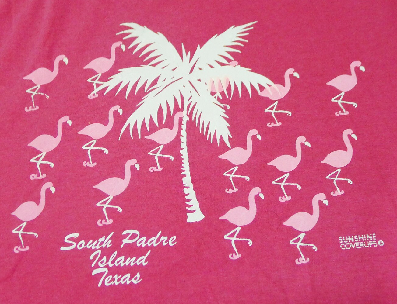 Vintage 80Er Jahre South Padre Island Texas Pink Flamingo Palme T-Shirt von vintageteesonline