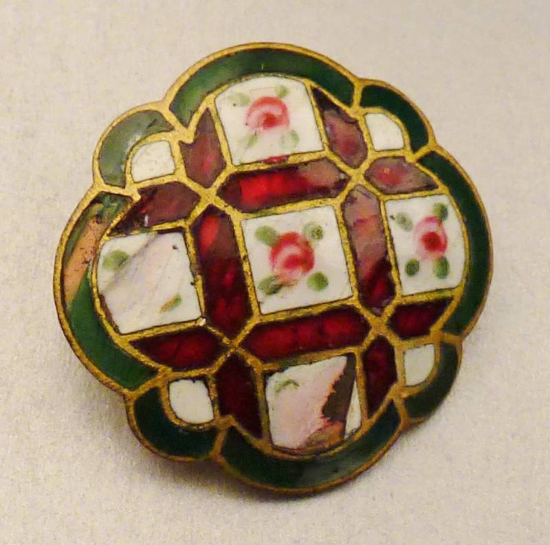 Antiker Emaille Button Vintage Blumen Metall Schaft Gegossen Bronze Geraumpfte Ränder von vintagevasso