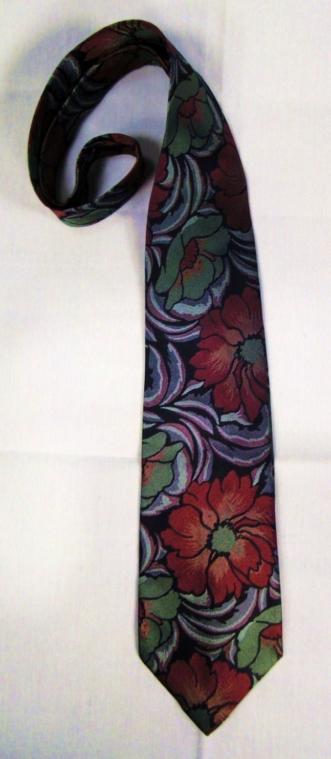 Designer Rainbow Neck Tie 1980S Wide Silk High Sheen William Morris Flowers Design 55In von vintagevasso