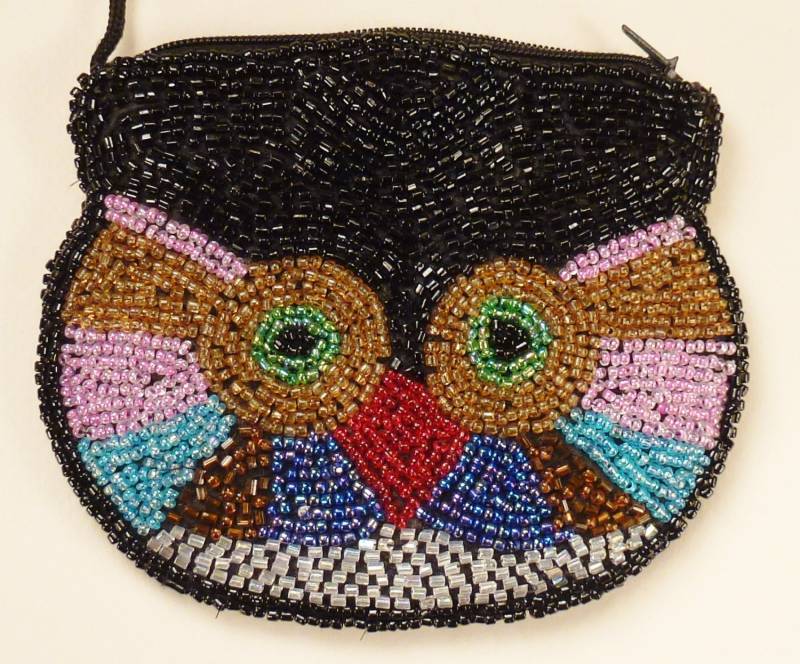 Handbeaded Owl Wallet Bunte Schwarz Rosa Rot Grün Braun Gelb Glasperlen 4 in X 5 Gefüttert von vintagevasso