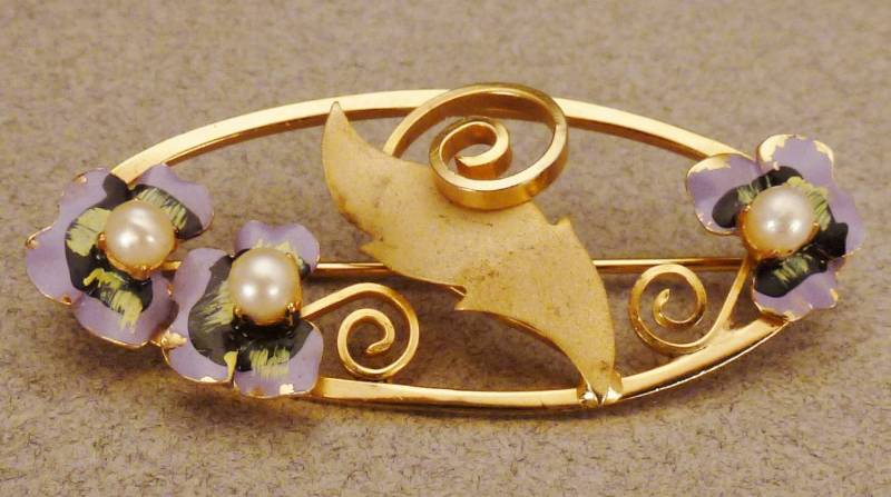 Pansies Bar Pin Brosche Zuchtperlen Goldfarben Kalt Emailleapp 3 X 1 Fllorentin Finis Auf Blatt von vintagevasso