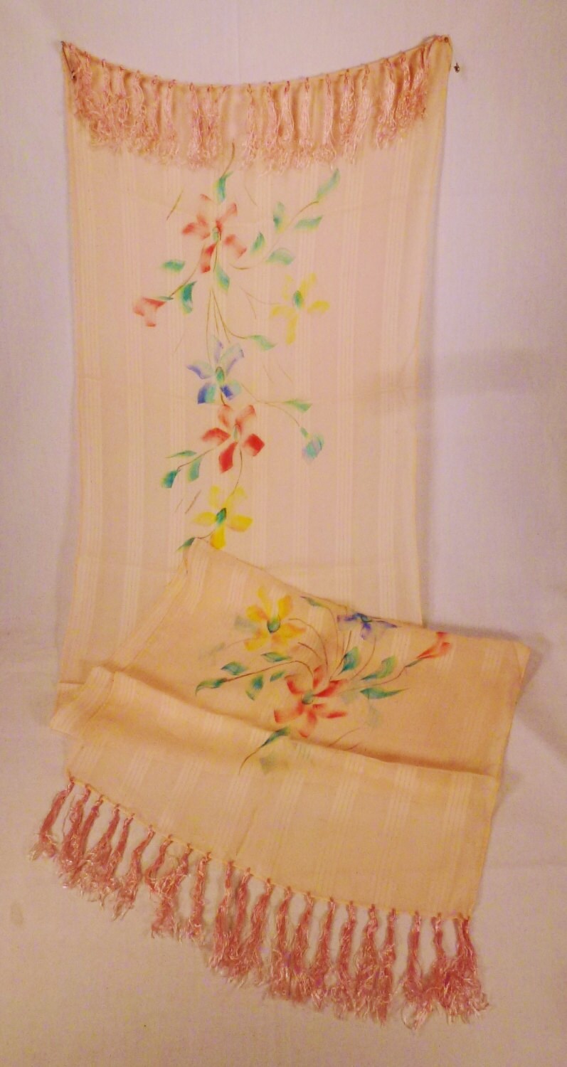 Vintage Seide Schal Blumen Handgemalt Long Gauge Organza 63 X 16 Rosa Hervorragendem Zustand Frühling Farben von vintagevasso