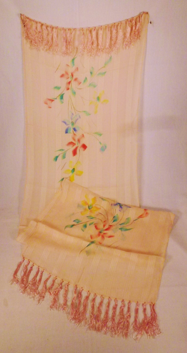 Vintage Seide Schal Blumen Handgemalt Long Gauge Organza 63 X 16 Rosa Hervorragendem Zustand Frühling Farben von vintagevasso
