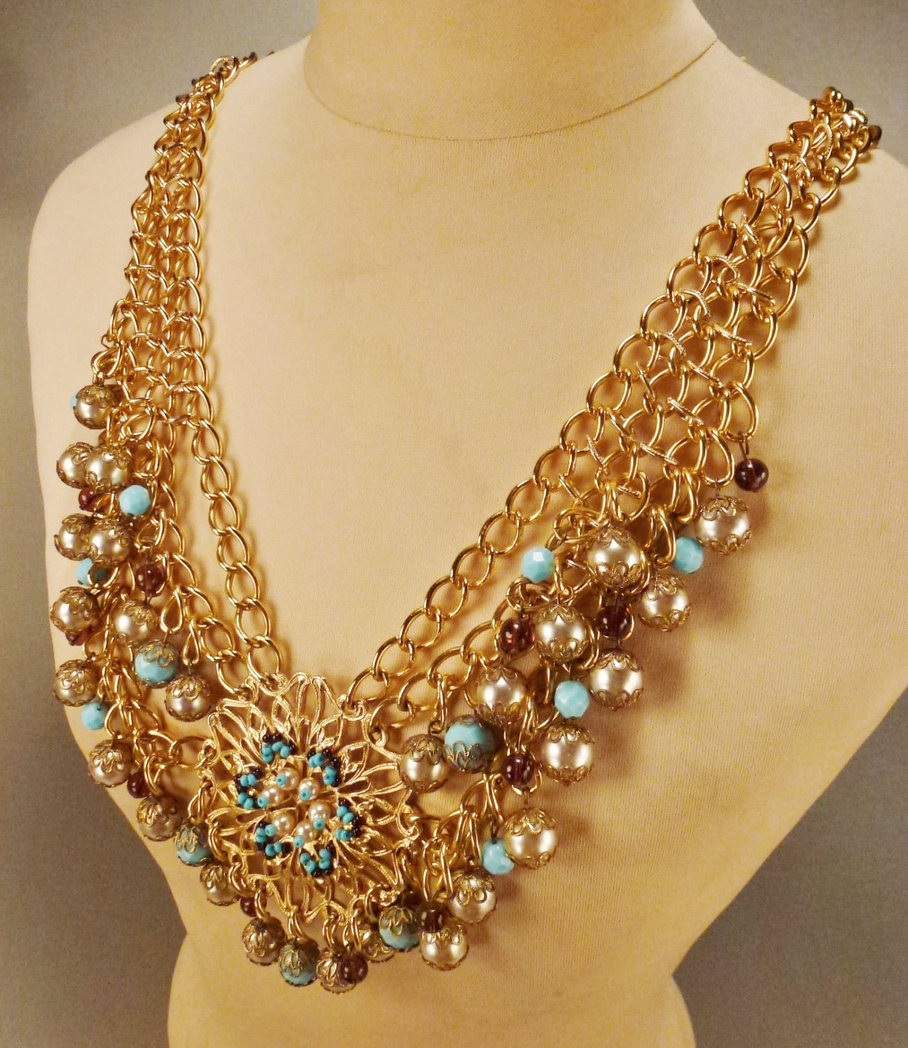 Wunderschöner Goldton Perlen-Halskette-Gürtel 35 X 4 in Hochzeitstag Kunstperlen Glasperlen von vintagevasso