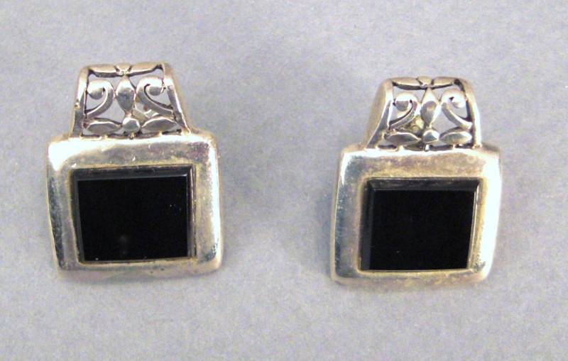 sterling Ohrringe Vintage Cast Onyx Handarbeit Scrollwork Signiert Pierced 1980Er Jahre von vintagevasso