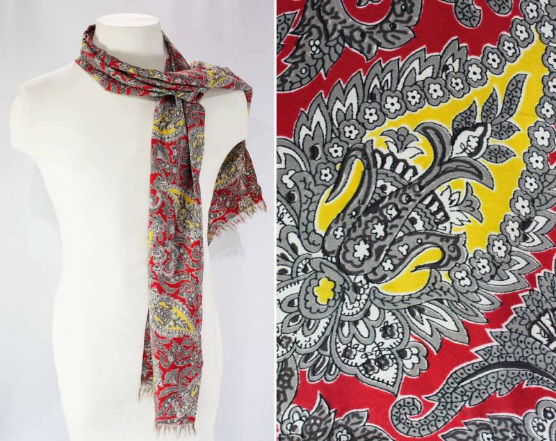 1940S Rayon Print Schal - 40Er Jahre Rot & Gelb Paisley Muffler Graue Schnörkel Rechteckiger von vintagevixen