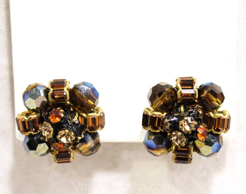 50Er Jahre Root Beer Strass Ohrringe - Herbst Braun 60Er Clips Von Vogue Wunderschöne Hand Verdrahtetes Facettiertes Glas & Perlen Goldenes Metall von vintagevixen