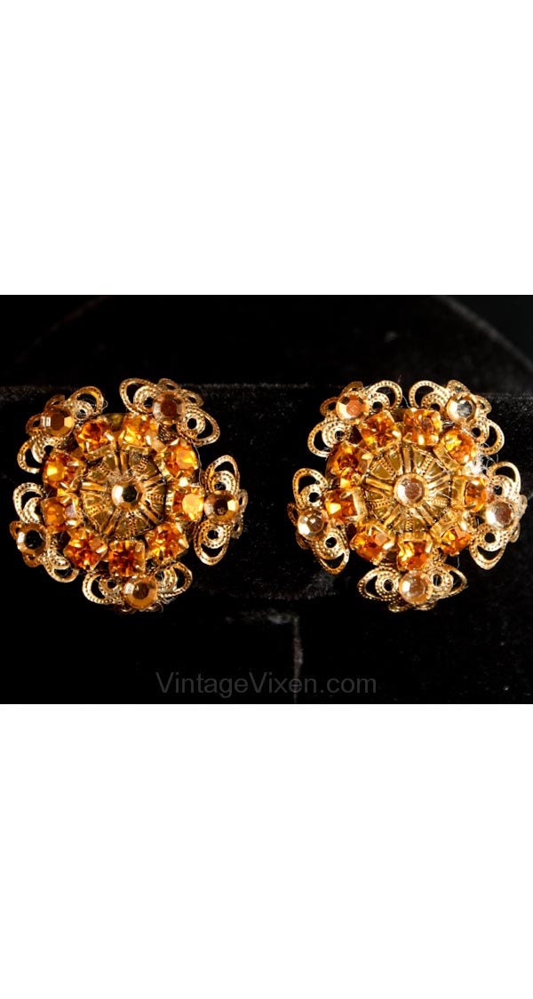 Final Sale Glam 1950S Filigrane Blumen Ohrringe Von "Mistar Bijoux' - Clip On Goldfarbenes Metall & Citrin 50S Bombshell Stunning Glamour von vintagevixen