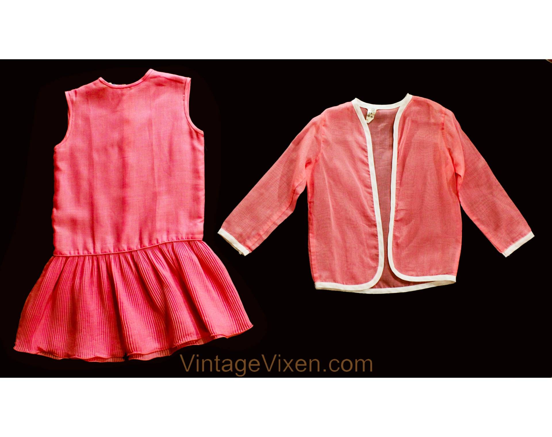 Mädchen Größe 8 Bis 10 Flapper Style Kleid - Mod 1960Er Jahre Kinder Pink Sommer Etui Faltenrock & Schiere Jacke 60Er Mini Go-Go Girl Brust 30 von vintagevixen