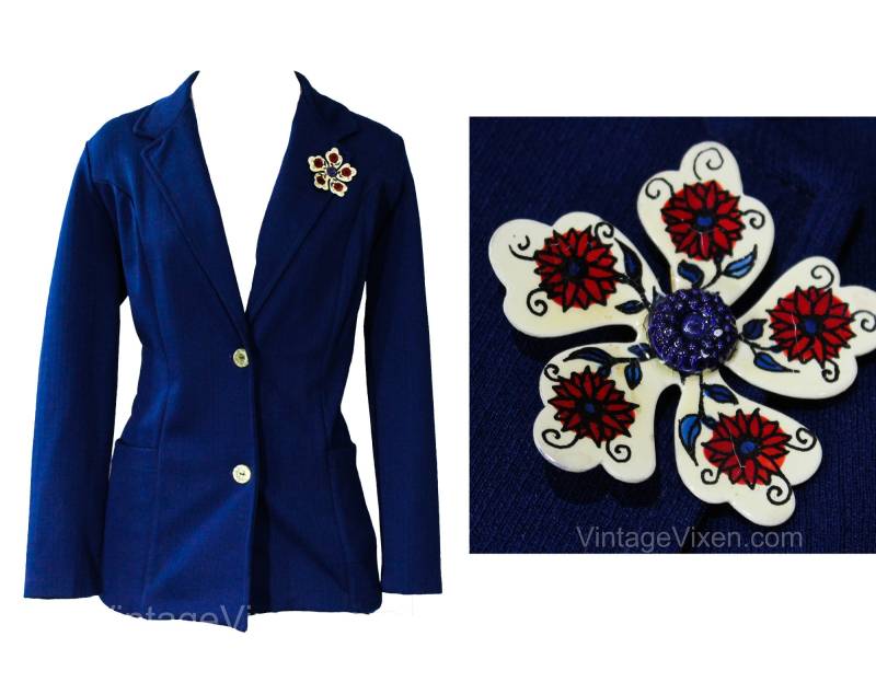 Size 12 Polyester Jacket & Boho Brosche - 70Er Jahre Dunkelblauer Blazer Anstecknadel West Germany Büste 40.5 von vintagevixen
