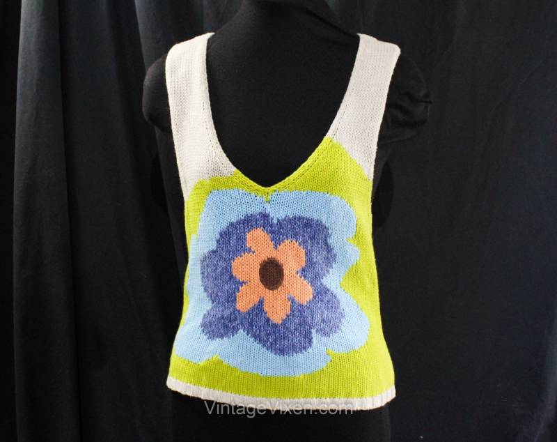 Y2K Hippie Strick Top - Medium Größe 10 Daisy Flower Baumwolle Sommer Tank 1970Er Jahre Stil Von 2000 Khaki Chartreuse Orange Büste 37 von vintagevixen