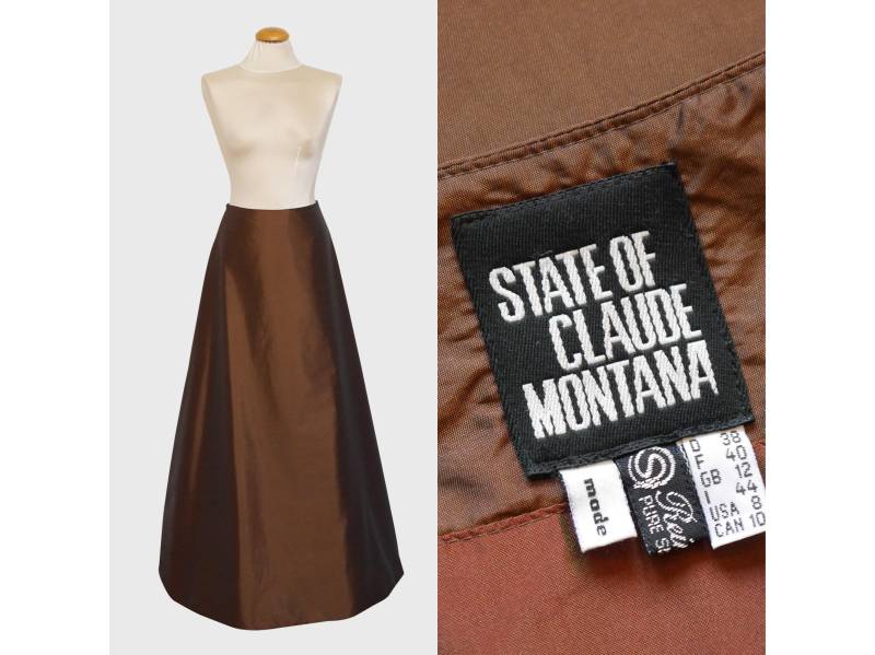 Claude Montana 1990Er Jahre Vintage Minimalist Kupfer Seide Maxi Abend Ballkleid Rock Metallisch Irisierend Größe Small Us 6 von vintagevonwerth