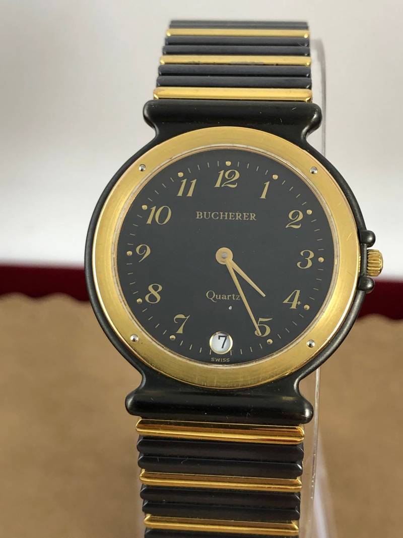 Vintage Bucherer Schweizer Uhr Gold Auf Schwarz, Edelstahl von vintagewatches4sale