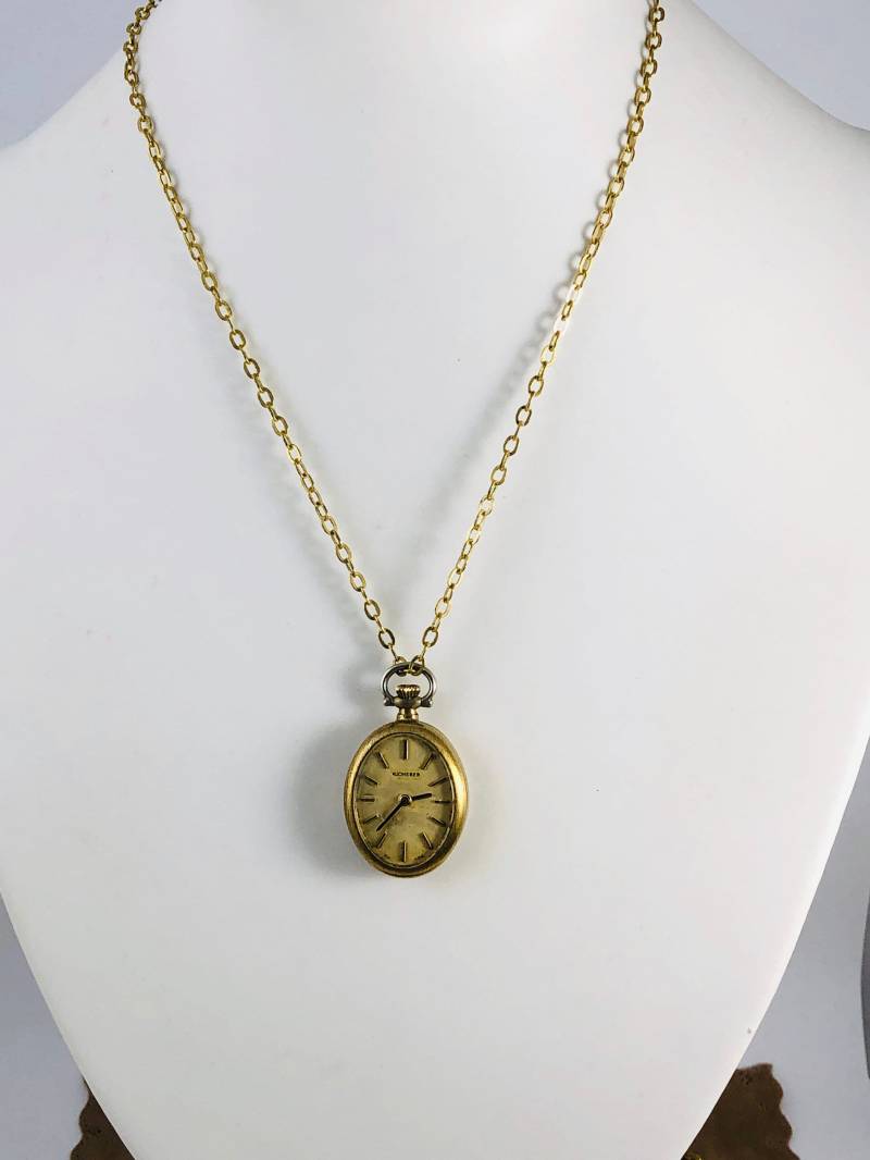 Vintage Bucherer Schweizer Uhrenkette Anhänger Mit Rosengravur, Gold Filled Kette von vintagewatches4sale