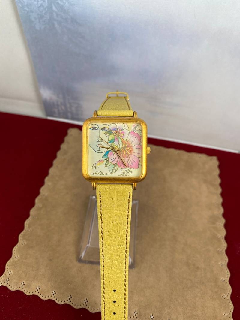 Vintage Laurel Burch Blossomende Damenuhr Goldfarben & Lederband von vintagewatches4sale