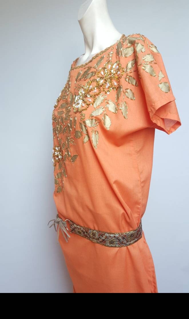 Maxi Kaftan Vintage Kleid Orange Baumwolle Boho Gold Handbemalt Und Bemalt Unikat Bohochic Sommerkleid 60Er Jahre Festival von vintagexr