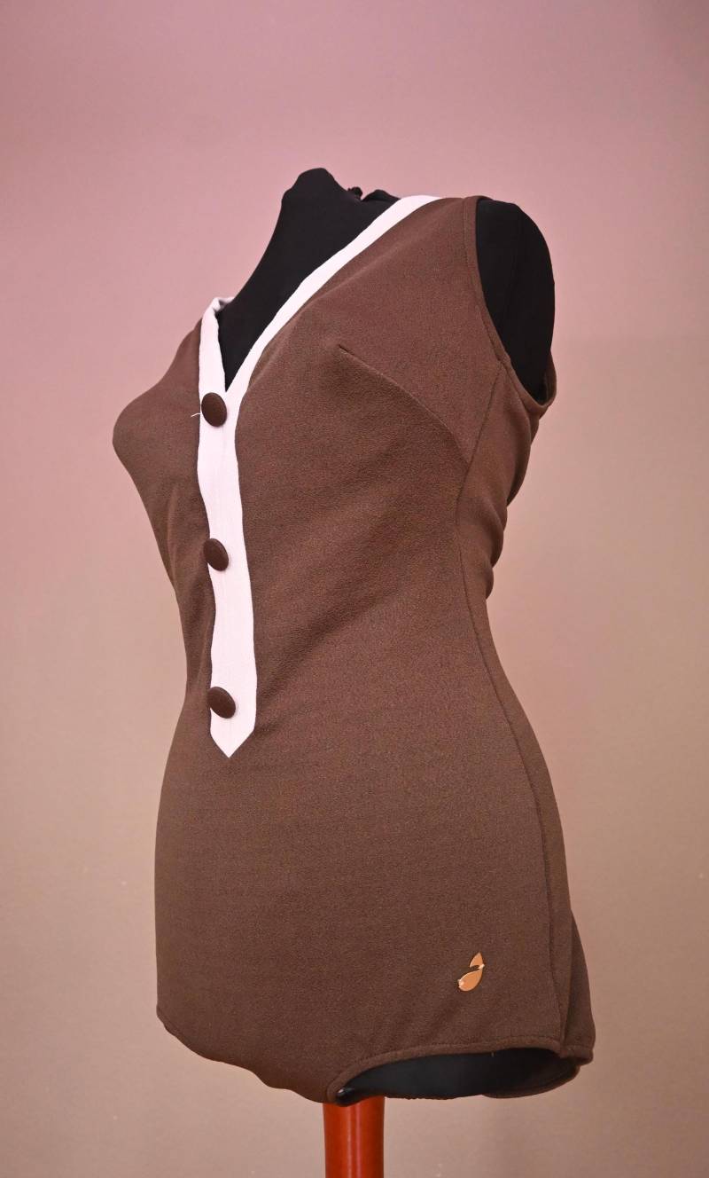 Vintage Badeanzug Original 50Er 60Er Goldfisch Braun Weiß Knöpfe Feste Cups von vintej