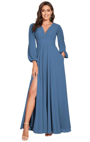 vintys Damen V-Ausschnitt Brautjungfernkleider mit langen Ärmeln Split Falten Chiffon Formal Abend Party Kleid für Hochzeit VT001, Steel Blue, 36 von vintys