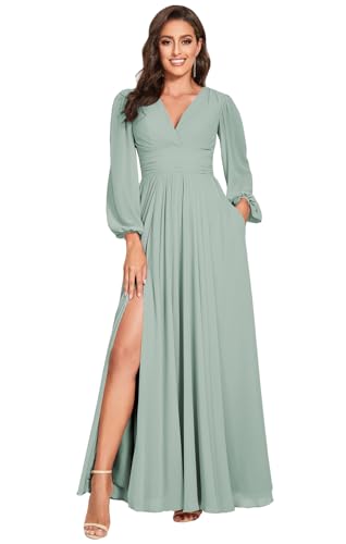 vintys Damen V-Ausschnitt Brautjungfernkleider mit langen Ärmeln Split Falten Chiffon formelles Abendkleid Partykleid für Hochzeit VT001, Salbei, 46 von vintys