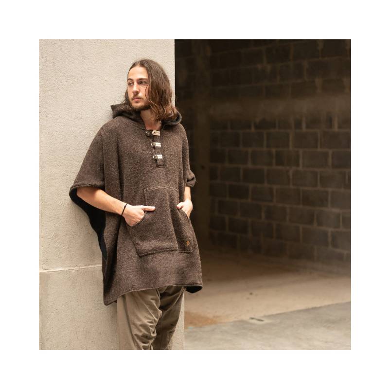 Virblatt - Poncho Herren & Damen | 100 % Wolle Nepal Jacke Wendefunktion Jerga Hoodie Alpaka Pullover Arriba Braun von virblatt