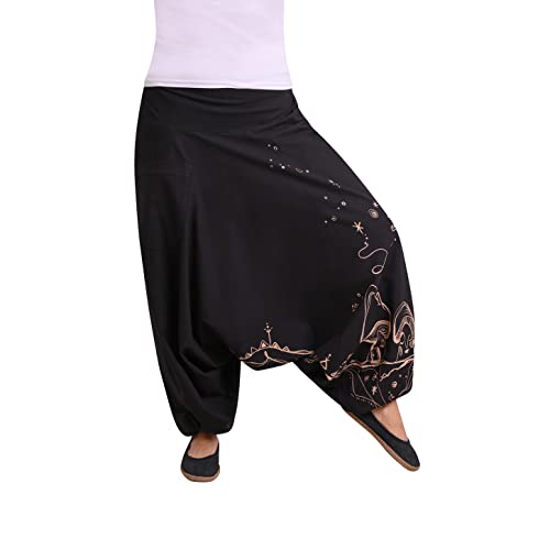 virblatt - Aladinhose Damen | 100% Baumwolle | Goa Hose Haremshose Damen Pumphose Pluderhose Hippie Sommerhose Damen - Fantasie S/M schwarz von virblatt