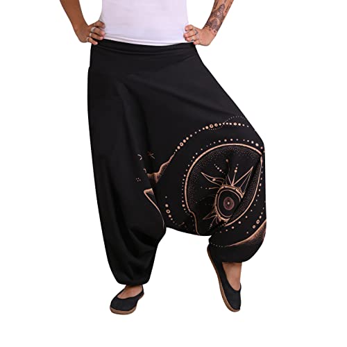 virblatt - Aladinhose Damen | Baumwolle | Goa Hose Haremshose Damen Sommerhose Damen leicht Hippie Hosen Pluderhose Damen - Sonnengeküsst S/M schwarz von virblatt