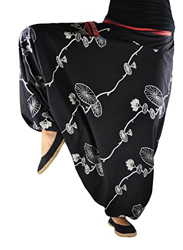 virblatt - Aladinhose Damen | Baumwolle | Goa Hose Haremshose Damen Sommerhose Damen leicht Hippie Hosen Pluderhose Damen - Halluzination S/M schwarz von virblatt