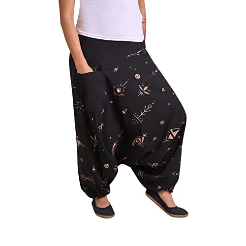 virblatt - Haremshose Herren | Baumwolle | Aladinhose Goa Hose Herren Pumphose Hippie Hose Herren Pluderhose Yoga Sommerhose Herren - Kunstvoll schwarz L/XL von virblatt