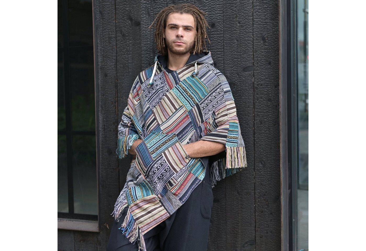 virblatt Poncho Poncho Herren, Baumwolle, Poncho Winter Mexiko Herren Poncho mit Kapuze, Unisex, zum Wenden, gesticketes Mandala von virblatt