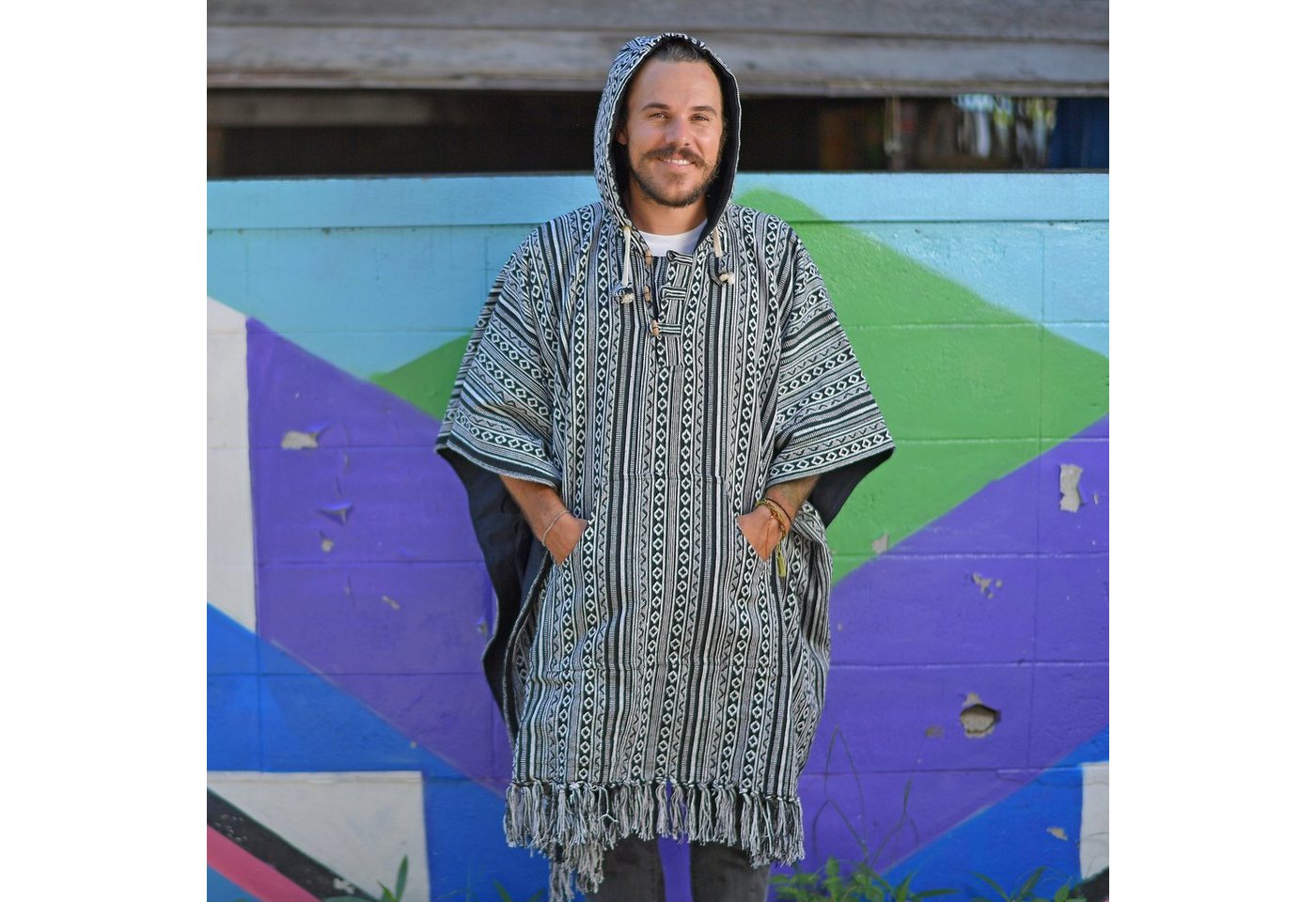 virblatt Poncho Herren & Poncho Damen, Baumwolle, Poncho Winter Jerga Hoodie Mexican mit Kapuze, zum Wenden, Unisex, mit gesticktem Mandala von virblatt