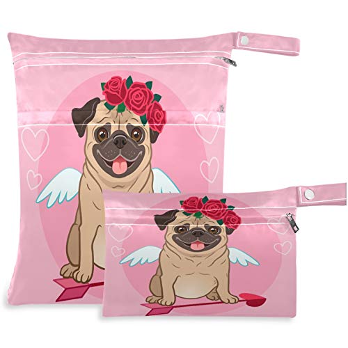 visesunny Valentines Bulldog Angle With Rose Heart 2Pcs Wet Bag with Zippered Pockets Washable Reusable Roomy for Travel,Beach,Pool,Daycare,Buggy,Windeln,Dirty Gym Clothes, Wet Swimsuits, Toiletrie von visesunny