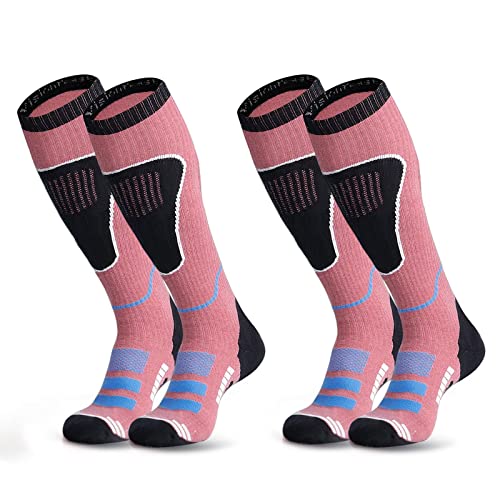 visionreast 2 Paar Skisocken Herren & Damen Merino Wollsocken Atmungsaktive Skistrümpfe Kompressionsstrümpfe Kniehoch für Wintersport, Snowboard Thermosocken Rosa XL von visionreast