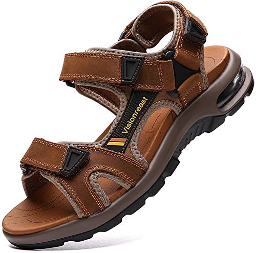 visionreast Herren Outdoor Sport Sandalen Trekking Leichte Leder Strand Wandersandalen Männer Sommer Klettverschluss Offroad Sandalen Schuhe Wasserdicht, Braun1, 38 EU von visionreast