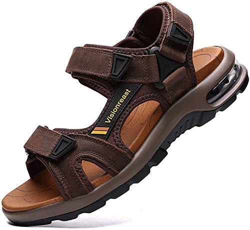 visionreast Herren Outdoor Sport Sandalen Trekking Leichte Leder Strand Wandersandalen Männer Sommer Klettverschluss Offroad Sandalen Schuhe Wasserdicht, Dunkelbraun1, 46 EU von visionreast