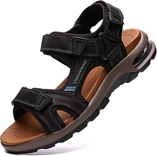 visionreast Herren Outdoor Sports Sandalen Trekking Leichte Leder Strand Wandersandalen Männer Sommer Klettverschluss Offroad Sandale Schuhe Waterproof, Schwarz1, 39 EU von visionreast