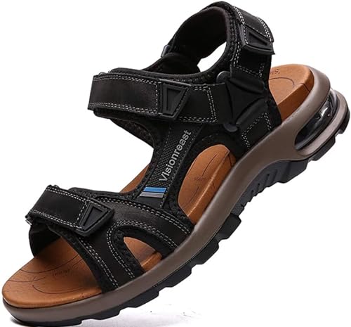visionreast Herren Outdoor Sports Sandalen Trekking Leichte Leder Strand Wandersandalen Männer Sommer Klettverschluss Offroad Sandale Schuhe Waterproof, Schwarz1, 38 EU von visionreast