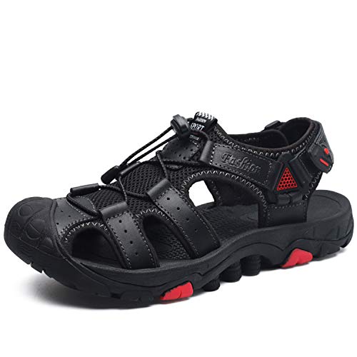 visionreast Herren Sport Outdoor Sandalen Strand Leder Sandalen Sommer Fischer Sandalen mit Klettverschluss Bequeme Trekkingschuhe Beach Wanderschuhe Geschlossen Sandalen, Schwarz, 38 EU von visionreast