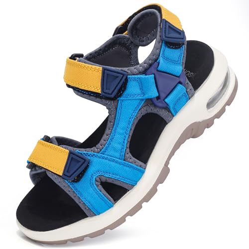 visionreast Sandalen Kinder Strandschuhe Jungen Sport Trekking Luftkissen Sandalen Rutschfest Sommer Schuhe Outdoor Wanderschuhe Mittelblau und Gelb 29 Grundschulkind von visionreast