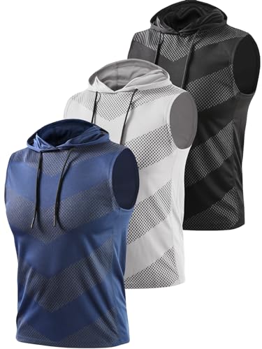 vislivin 3 Pack Workout Tank Top Herren Ärmelloses Muskelshirts Tanktops Hoodie Fitness Bodybuilding Unterhemden Schwarz/Grau/Dunkelblau M von vislivin