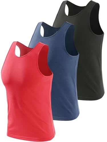 vislivin 3 Pack Workout Tank Top Herren Baumwolle Tanktops Unterhemden Ärmelloses Muskelshirts Fitness Tanks Schwarz/Dunkelblau/Rot S von vislivin