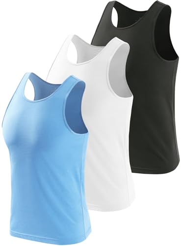 vislivin 3 Pack Workout Tank Top Herren Baumwolle Tanktops Unterhemden Ärmelloses Muskelshirts Fitness Tanks Schwarz/Weiß/Blau L von vislivin