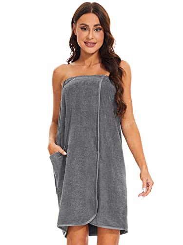 vislivin Bademantel Damen Frottee Saunakilt Saunatuch Frauen Sauna Kilt mit Druckknöpfen und Gummizug Gray S/M von vislivin