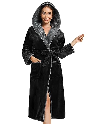 vislivin Bademantel Damen mit Kapuze Flauschig Bademantel Lang Warm Morgenmantel Fleece Robe Women Black M von vislivin