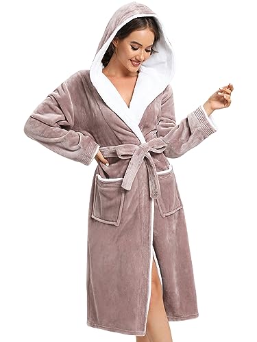 vislivin Bademantel Damen mit Kapuze Flauschig Bademantel Lang Warm Morgenmantel Fleece Robe Women Brown XL von vislivin